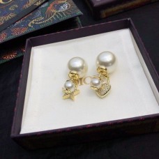 Oryginalne kryształy Christian Dior CD z sercem w kształcie gwiazdy, asymetryczne wisiorki z białej perły, żółte złoto, kolczyki